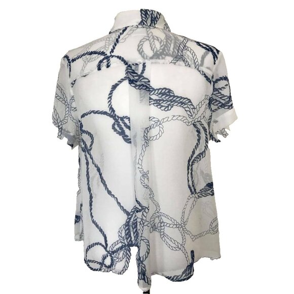 CABI Short Sleeve Blouse Top #5229 Size Medium White Blue Nautical Semi Sheer - Picture 3 of 5